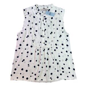Womens Loft Petite Polka Dot Ruffle Neck Sleeveless Blouse White & Black Size MP